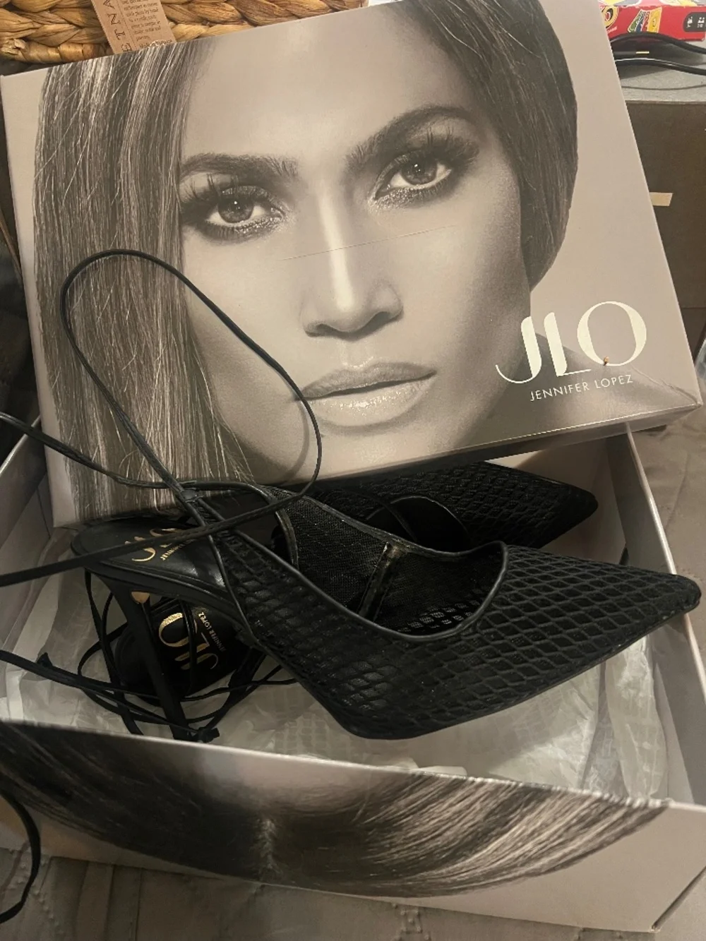 Jennifer Lopez JLO Florella Black Mesh Lace-Up Slingback Stiletto Heels